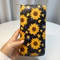 Portefeuille long en cuir PU avec motifs tournesols jaunes et fermeture zippée en métal - Style Imprimé Marguerite (DX1975-2)