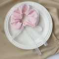 Sweet pink floral scrunchie with white lace edges and long ribbon bow hair accessory - Bubble Bow Pink