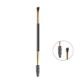Close-up of double-ended eyebrow brush with angled bristles and spiral spoolie detail - Black Handle Gold Tube