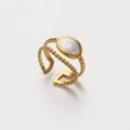 Detail of adjustable 18K gold plated ring with white enamel and golden bead band design - White Mica (ZJ225)