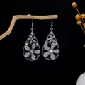 Bohemian silver drop earrings with black and white floral enamel and sparkling crystals - Black White Floral Sparkling Rhinestone Teardrop Style (E5237-2)