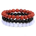 Three-piece natural 8mm stone bead bracelets set in red, black, and pale lavender tones - Red Stone and Angelite (FK1207)