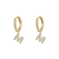 Golden hoop earrings with letter M pendant featuring pavé-set crystals in a sleek style - Letter M / Gold
