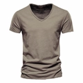 Close-up of V-neck neckline showing premium slub cotton texture on khaki t-shirt - S / V-Neck / Camel