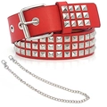 Red punk leather belt with triple-row silver pyramid studs and metal wallet chain - Red Style (With Waist Chain)