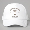 Detail of white mesh trucker hat with brown Espresso Martini Social Club print - One Size / White