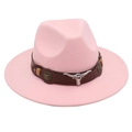 Pink felt western fedora with brown leather band and silver metal bull head ornament - One Size(Adjustable) / Pink