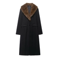 Women's black wool coat featuring a luxury brown faux fur collar and button closure - S / Black