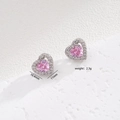Silver heart stud earrings with pink gemstone and zircon halo, 10.4mm by 11mm size - Stud Earrings / Pink