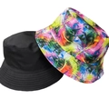 Reversible bucket hat featuring solid black and vibrant colorful abstract tie-dye print - 14 (Colorful Abstract Geometric + Black)