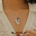 Silver necklace with white imitation pearl grape pendant and beige spotted stone bead - Silver Artificial Pearl Grape Necklace Style (3356)