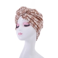 Detail of bohemian turban hat with floral print and decorative twisted flower knot - Style 5-Brown White Small Floral
