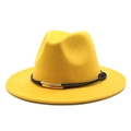 Macro detail of yellow wool fedora featuring black woven rope and gold metal accent - M(56-58cm) / Yellow