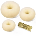 Detail of three beige sponge bun makers and a set of gold U-shaped metal hairpins - 23-Piece Beige / Beige