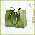 Olive green baroque patterned luxury paper gift bag with black rope handles and elegant bow - Small (18x16x10cm) / Green (Green & Black Ribbon)