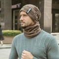 Conjunto de gorro de punto marrón oscuro forrado de vellón y bufanda para hombre - Caqui