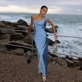 Elegant light blue satin halter maxi dress featuring a backless design on a scenic beach - S / Blue