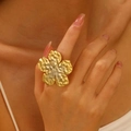 Artistic matte gold five-petal flower ring with hammered texture for women - Gold (N-738)