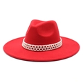 Elegant wide brim wool jazz fedora hat in vibrant red with luxury white pearl chain trim - M (56-58cm) / Red