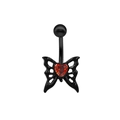 Schwarzer Schmetterling Bauchnabelpiercing mit einem roten Zirkonia in Herzform - Schwarzer Schmetterling Rotes Herzzirkon