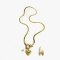 Golden snake chain necklace with heart pendant, freshwater pearl and H-letter charm - Gold - Letter H