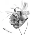 Macro detail of elegant grey satin bow and feather fascinator with headband and hair clip - Silver Gray
