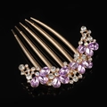 Golden five-tooth alloy hair comb featuring purple teardrop gems and rhinestones - Purple