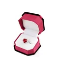 Heart-shaped ruby ring with halo diamonds in a textured red octagonal jewelry box - Ring Box / Bordeaux With White Interior