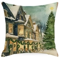 Christmas cushion cover featuring watercolor Victorian snowy street scene on green linen - YMD15-19 (Victoria Street Scene)