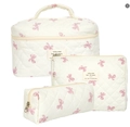 Three-piece set of cream quilted cotton bags with pink bow print and handles - Pink Bowknot