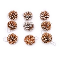 Set of 9 natural pine cone ornaments with white snow frost tips and silver strings - Natural Frosted Pine Cones - 9pcs