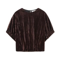 Short sleeve velvet top for women in caramel brown featuring pleated texture and round neck - XS / Dark Coffee