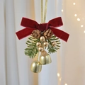 Christmas hanging ornament with red velvet bow, gold bell, pine cone and green pine needles - Burgundy