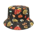 Black bucket hat featuring colorful mushroom, snail and pumpkin forest patterns - M (56-58cm) / Black Forest Theme Colorful Hand-painted Style (61#)