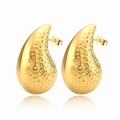 Polished gold hammered teardrop earrings in stainless steel on white background - Hammered Hollow Waterdrop (MS-225) / Gold
