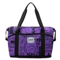 Purple travel bag with black letter print and water-resistant nylon material - Purple Newspaper