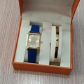 Coffret montre rectangulaire dorée bracelet cuir bleu et jonc gravé LOVE élégant - Style 2 (Sans boîte)