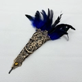 Gothic lace arm cuff with blue and black feathers and golden embroidery details - Blue
