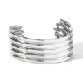 Silver stainless steel open cuff bracelet featuring 5-layer parallel curved stripe design - Wave Texture Wide Style (A1156) / Silver