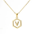 Gold hexagon pendant necklace featuring a white shell inlay and a raised letter V - With Chain / Gold - Letter V