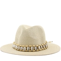 Straw Panama jazz hat with wooden beads and white seashell band for summer sun protection - Beige