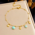 Golden layered anklet with shell charms and blue turquoise beads on beige leather - Shell Turquoise Style (B1608)