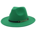 Close-up of emerald green fedora hat with black leather strap and gold chain detail - M (56-58cm) / Grass Green