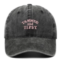 Washed black cotton baseball cap with pink TANNED and TIPSY embroidery and curved brim - Adjustable / Washed Black (Pink Embroidery)