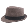 Men's brown herringbone fedora hat with a classic black ribbon band in vintage style - 58cm / Khaki
