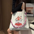 Bolso tote de nailon gris claro con bordado de carrusel y asas de cuerda tricolor - Parque de Carrusel Gris Claro