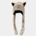 Plush fox ear trapper hat in beige faux fur with black inner lining for outdoor warmth - One Size / Beige