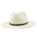 Beige wide brim straw sun hat with black studded band for men and women - Cream