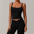 Ensemble de sport noir pour femme avec débardeur col carré et legging taille haute - Noir Premium