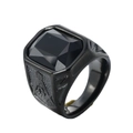 Men's black stainless steel Freemasonry ring with rectangle black stone and G symbol - Black/Black Zirconia / Size 8